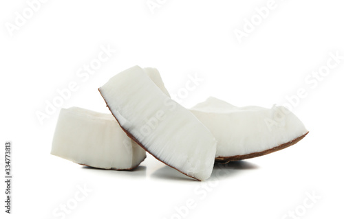 Coconut pieces isolated on white background. Tropical fruit