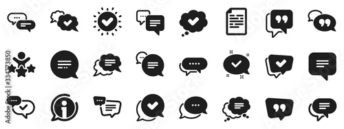 Approved, Checkmark box and Social media message. Chat and quote icons. Chat speech bubble, Tick or check mark, Comment quote icons. Think, approved talk, speech bubble. Vector photo