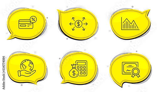Finance calculator sign. Diploma certificate, save planet chat bubbles. Investment graph, Dollar exchange and Cashback line icons set. Investment infochart, Payment, Non-cash payment. Vector