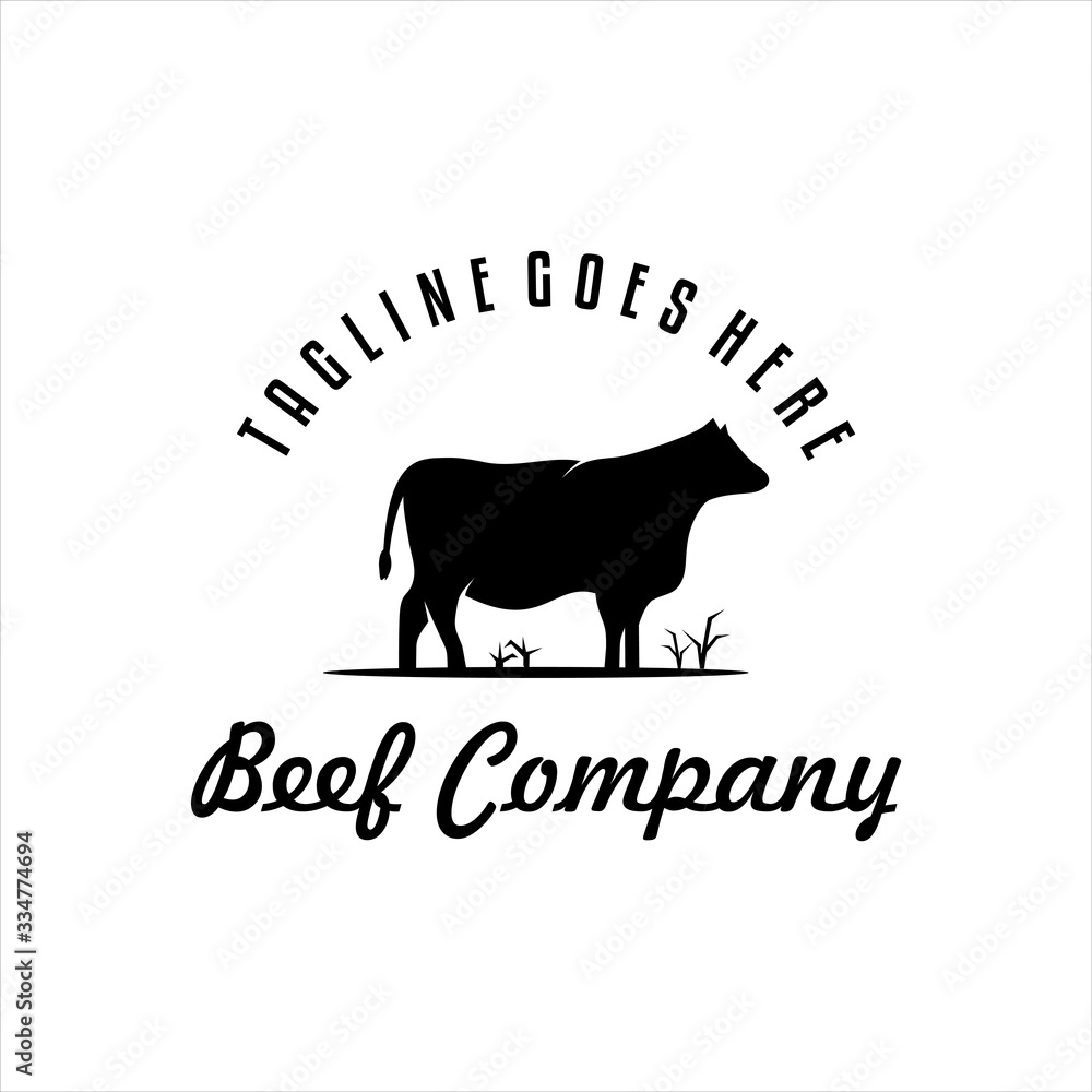 Cattle farm logo. Cattle farm trendy logo, emblem, poster with cow silhouette. Vintage typography. Graphic emblem template for grocery store, food market, restaurant and butchery Vector illustration