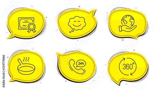 360 degrees sign. Diploma certificate, save planet chat bubbles. Speech bubble, Frying pan and 24h service line icons set. Comic chat, Cooking utensil, Call support. Full rotation. Vector