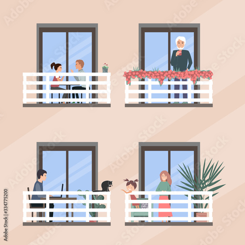 Windows with happy people doing daily things in their apartments - drinking tea, talking, playing or working. Covid quarantine, stay at home activities. Vector flat illustration.