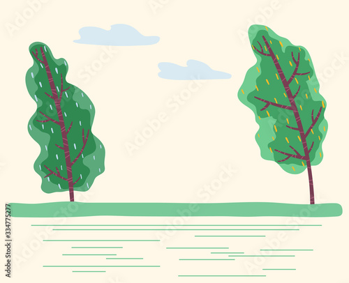 Windy weather in forest with green trees. Bad conditions outdoors, summer or spring. Natural scenery with sky and grass. Environment with plants and and blowing wind. Vector in flat style illustration