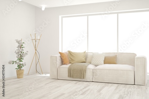 White living room with sofa. Scandinavian interior design. 3D illustration