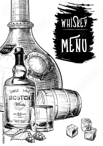 Menu templated for the whisky related businesses. Black and white sketch imitating chalk drawing on a blackboard. Sketch style drawing isolated on white background. EPS10 vector illustration.