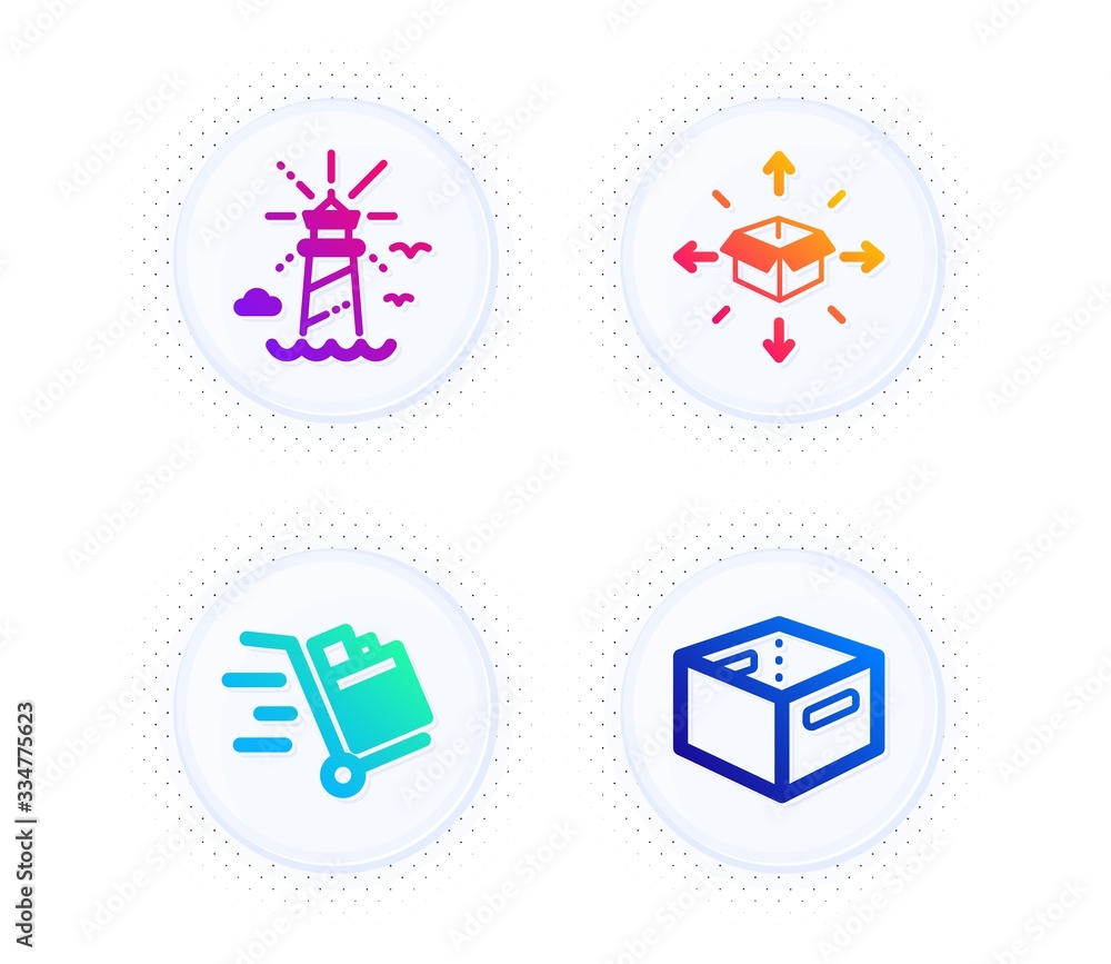 Parcel delivery, Lighthouse and Push cart icons simple set. Button with halftone dots. Office box sign. Logistics service, Navigation beacon, Express delivery. Industrial set. Vector Parcel delivery, Lighthouse and Push cart icons simple set. Button with halftone dots. Office box sign. Logistics service, Navigation beacon, Express delivery. Industrial set. Vector