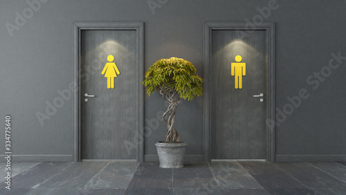 black restroom doors with yellow sign and stone floor 3D rendering