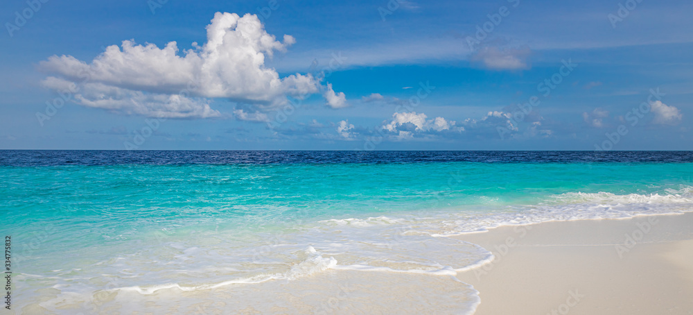 Sea beach blue sky with white sand sunny weather, relaxation landscape seascape with horizon. Exotic travel and vacation scenery, wonderful summer mood, beach vibes