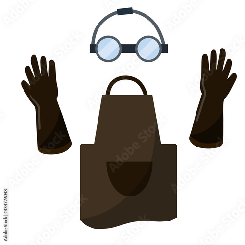 Set the welder cloth. Protective clothing and tool worker. Type of profession. Cartoon flat illustration. Glasses and glove. Industrial profession