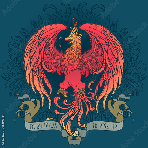 Obraz na płótnie Colourfull and intricate drawing of hte legendary Phoenix bird on a decorative flames and plants ornament with a motivation motto