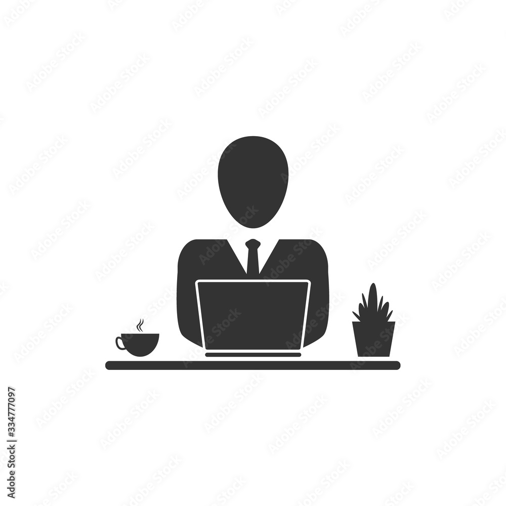 Businessman icon with laptop working at home. Freelance vector illustration isolated on white. Studying on-line course concept. 