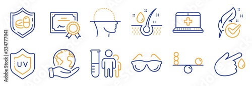 Set of Healthcare icons, such as Medical help, Face scanning. Certificate, save planet. Medical tablet, Blood donation, Hypoallergenic tested. Balance, Serum oil, Uv protection. Vector