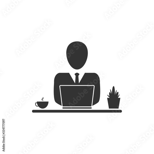 Businessman icon with laptop working at home. Freelance vector illustration isolated on white. Studying on-line course concept. 