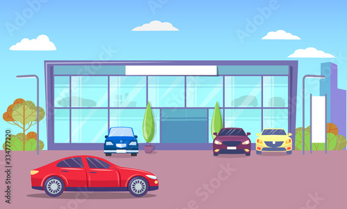Office exterior with transport parked by headquarter. Modern city infrastructure and architecture. Cityscape with cars on roads. Townscape of business center with automobile. Vector in flat style