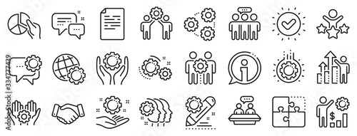 Business strategy, handshake and people collaboration. Employees benefits line icons. Teamwork, social responsibility, people relationship icons. Growth chart, employees benefits. Vector photo
