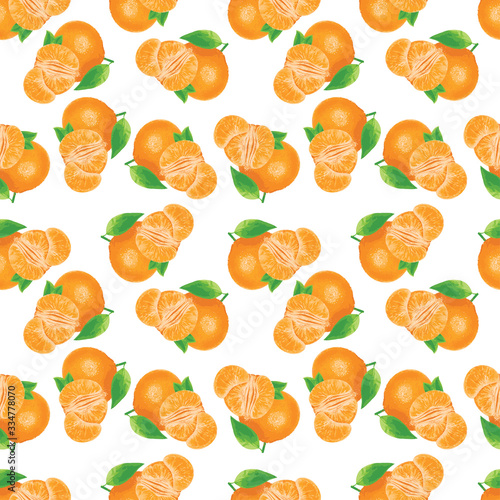 seamless summer pattern with watercolor orange fruit and leaves on white background. simple vector texture.