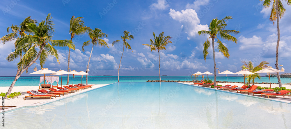 Outdoor tourism landscape. Luxurious beach resort with swimming pool and beach chairs or loungers under umbrellas with palm trees and blue sky. Summer travel and vacation background concept	 - obrazy, fototapety, plakaty 