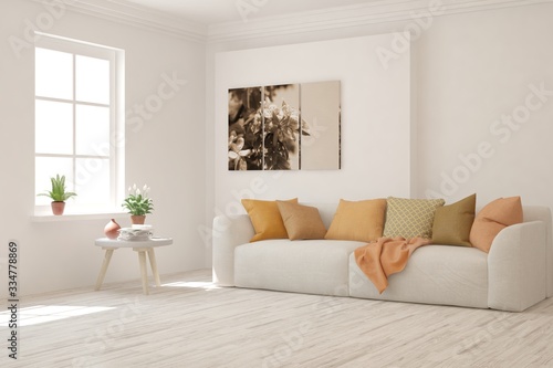 White living room with sofa and orange pillows. Scandinavian interior design. 3D illustration