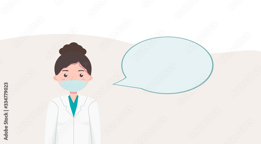 Female doctor in medical mask with blank speech bubble. Mock up. Copy space. Empty space for text
