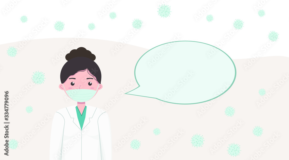 Obraz premium Female doctor with blank speech bubble and coronavirus COVID-19. Mock up. Copy space. Empty space for text about virus, recommendation