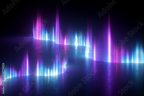 3d render, abstract wallpaper with blue pink violet neon light, Aurora Borealis effect, wavy line of plasma jets isolated on black background. Ultraviolet illumination