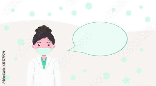 Female doctor with blank speech bubble and coronavirus COVID-19. Mock up. Copy space. Empty space for text about virus, recommendation