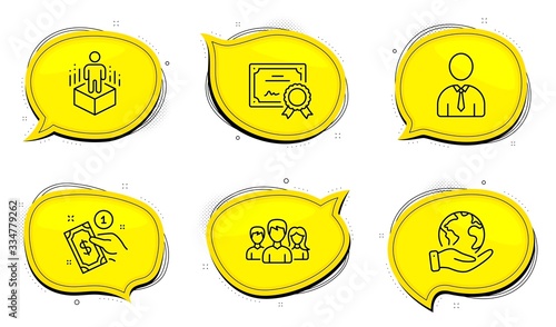 Payment method sign. Diploma certificate, save planet chat bubbles. Teamwork, Human and Augmented reality line icons set. Group of users, Person profile, Virtual reality. Give money. Vector