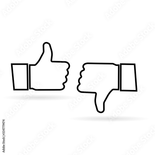 Thumb up and thumb down. Like and dislike icon. Black colour thumb up. Vector illustration line icon