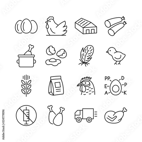 Poultry farm icon set. Chiken, egg, feather, sausage, truck, forage line symbols. Editable stroke. Vector illustration.