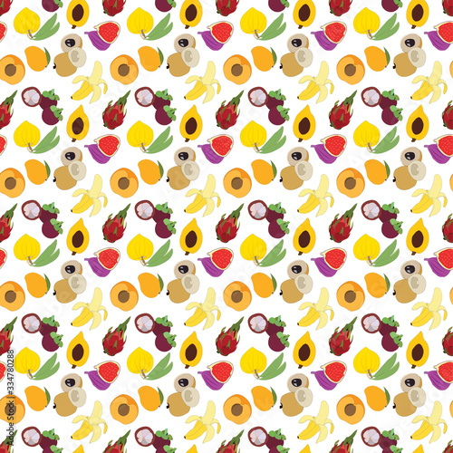 Fototapeta Naklejka Na Ścianę i Meble -  seamless tropical fruit pattern with mangosteen, nactarine, fig, mango, longan, banana, dragon fruit and canistel on white background.