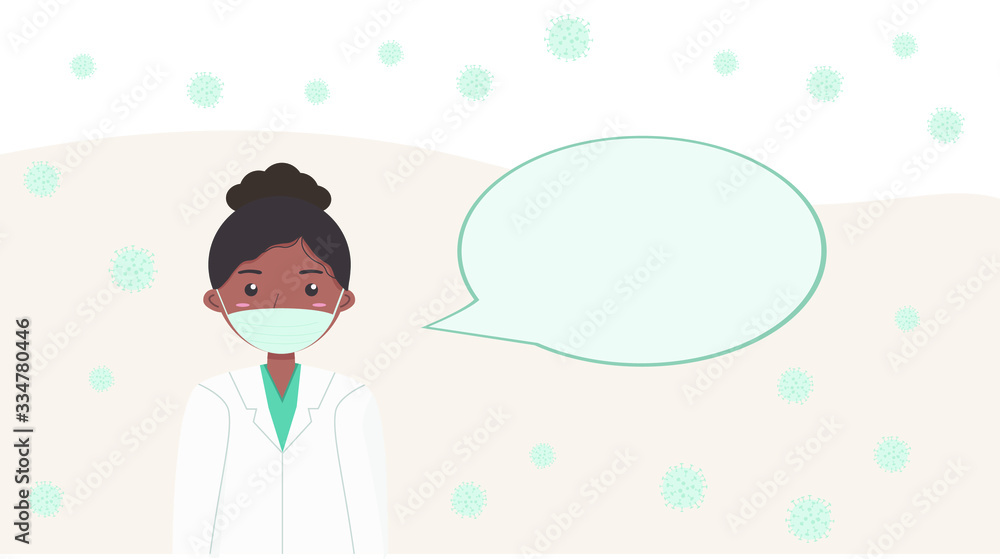 Obraz premium Female doctor with blank speech bubble and coronavirus COVID-19. Mock up. Copy space. Empty space for text about virus, recommendation