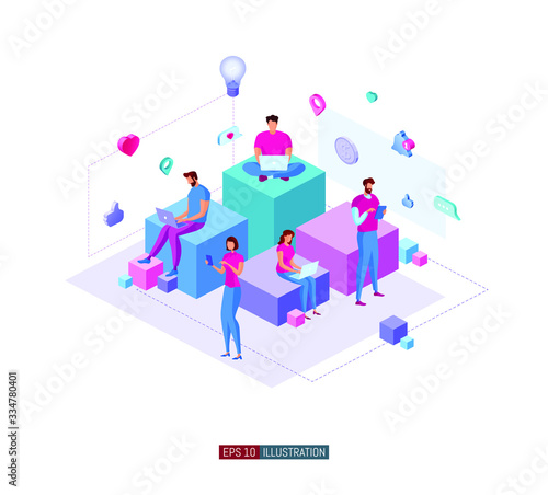 Trendy flat illustration. People online interaction concept. Social network. Online shopping. Exchange of ideas. Template for your design works. Vector graphics.