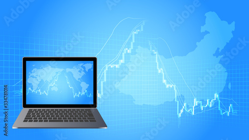 中国の高騰急落する株価チャートとノートパソコン青色背景イメージ