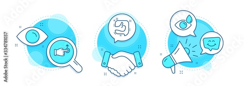 Like, Smile chat and Drag drop line icons set. Handshake deal, research and promotion complex icons. Eye drops sign. Thumb up, Happy face, Move. Check vision. Business set. Vector