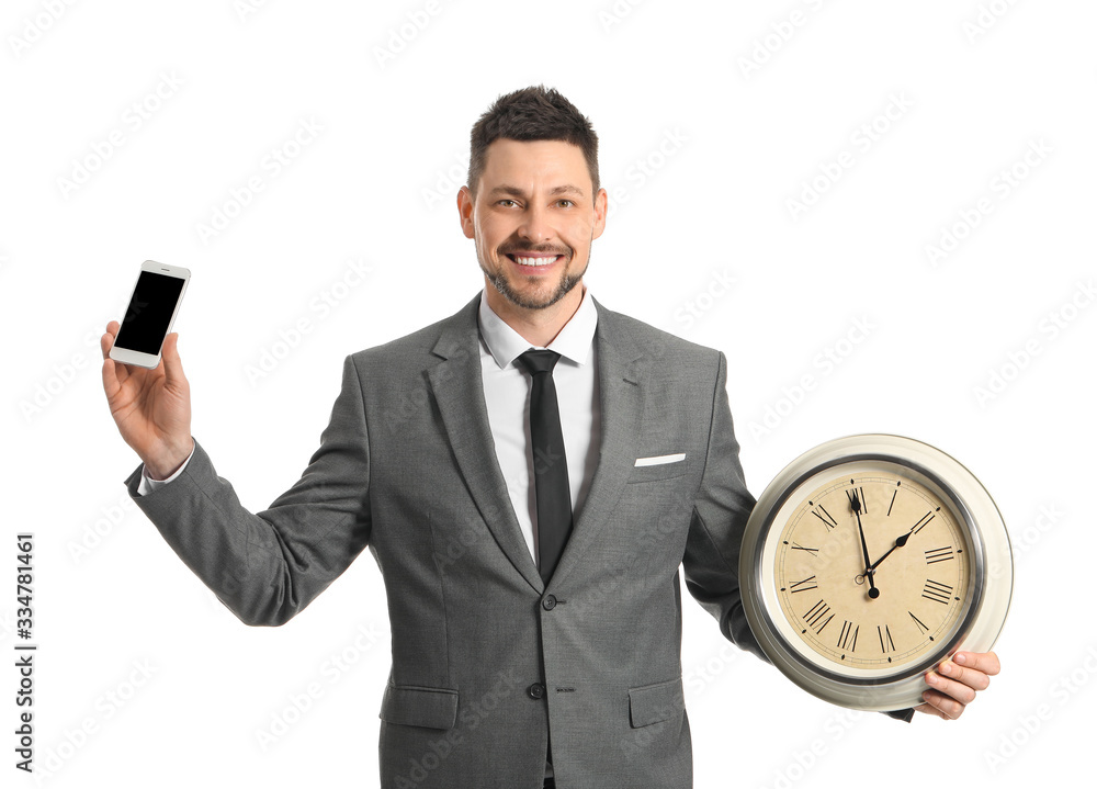Businessman with clock and mobile phone on white background. Time management concept Businessman with clock and mobile phone on white background. Time management concept