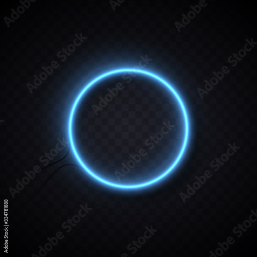 Neon lamp wall sign isolated on transparent background. Blue electric glow light circle. Vector round neon bulb banner for advertising design