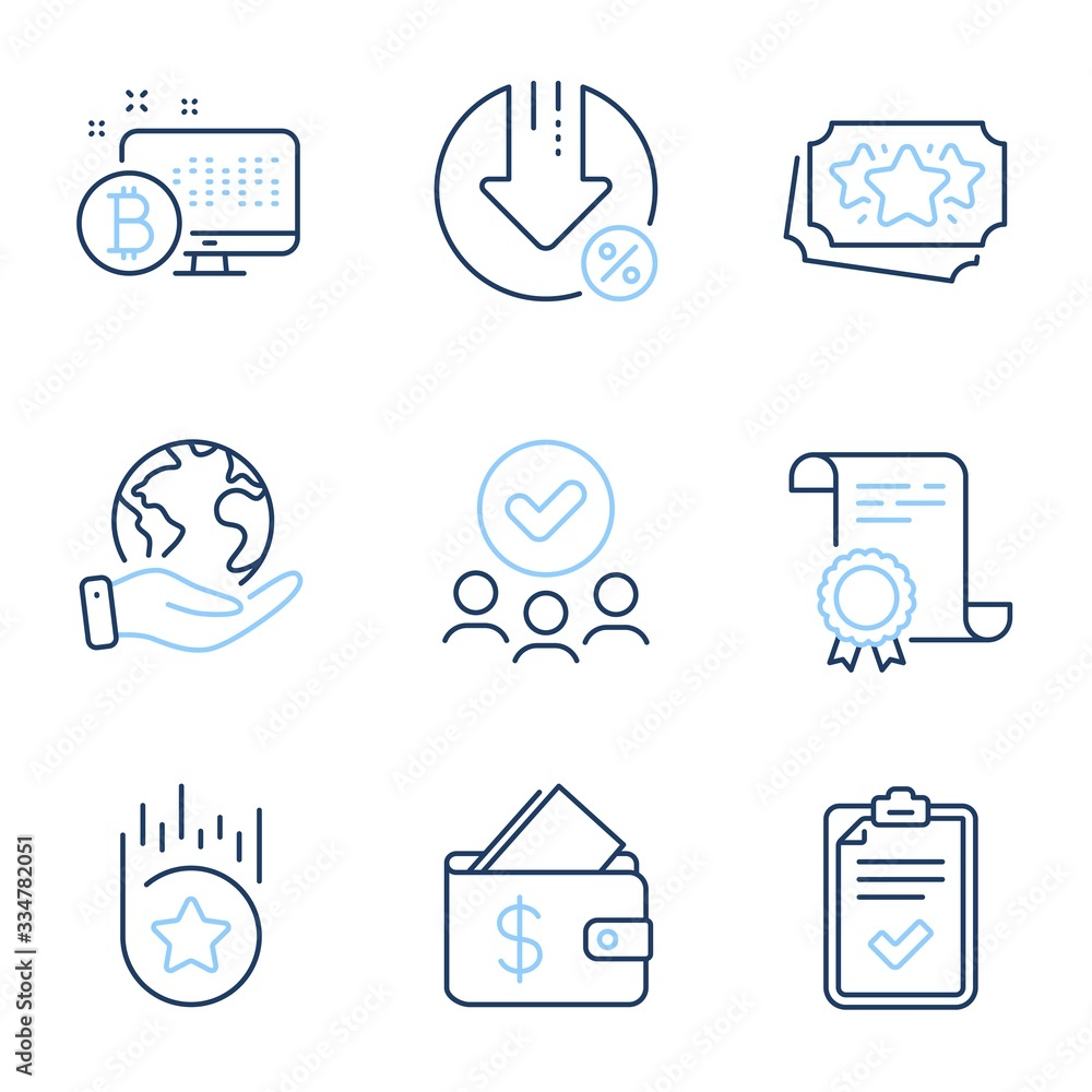 Wallet, Loan percent and Loyalty points line icons set. Diploma certificate, save planet, group of people. Bitcoin system, Loyalty star and Checklist signs. Vector Wallet, Loan percent and Loyalty points line icons set. Diploma certificate, save planet, group of people. Bitcoin system, Loyalty star and Checklist signs. Vector
