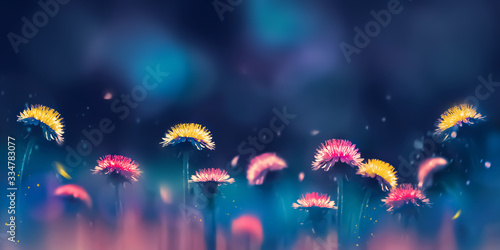 Pink and yellow dandelions on a blue and purple background. Spring summer creative image. Free space for text. Wide format.