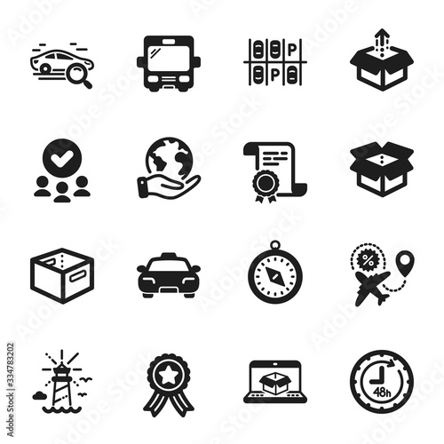 Set of Transportation icons, such as Send box, 48 hours. Certificate, approved group, save planet. Flight sale, Office box, Parking place. Online delivery, Taxi, Lighthouse. Vector