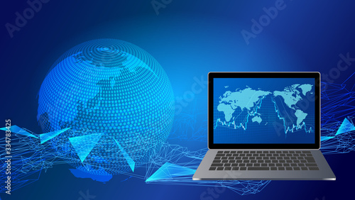 急騰急落する株価チャートとノートパソコン・世界地図青色背景イメージ