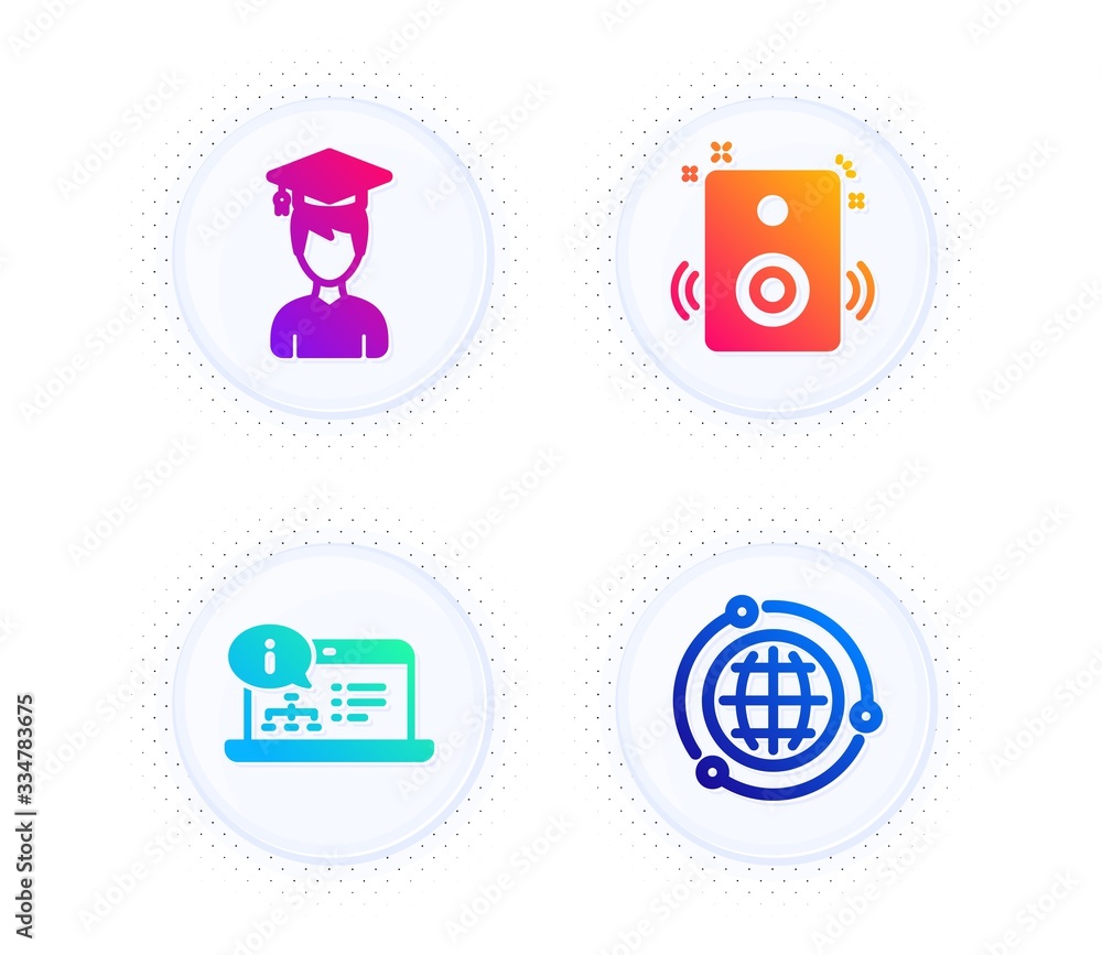Student, Online documentation and Speakers icons simple set. Button with halftone dots. Globe sign. Graduation cap, Web engineering, Sound. Internet world. Education set. Vector Student, Online documentation and Speakers icons simple set. Button with halftone dots. Globe sign. Graduation cap, Web engineering, Sound. Internet world. Education set. Vector