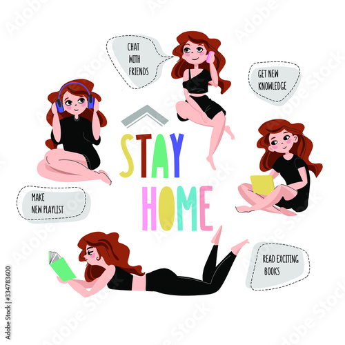 Stay home banner template. girl sitting home. Quarantine or self-isolation. Health care concept. Fears of getting coronavirus. Global viral epidemic or pandemic. Trendy flat vector illustration