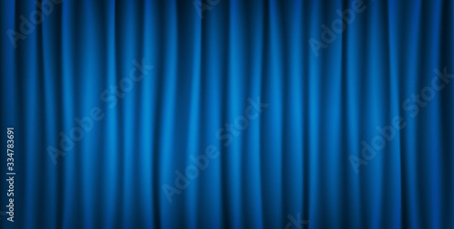 Realistic colorful blue velvet curtain folded. Vector Illustration.