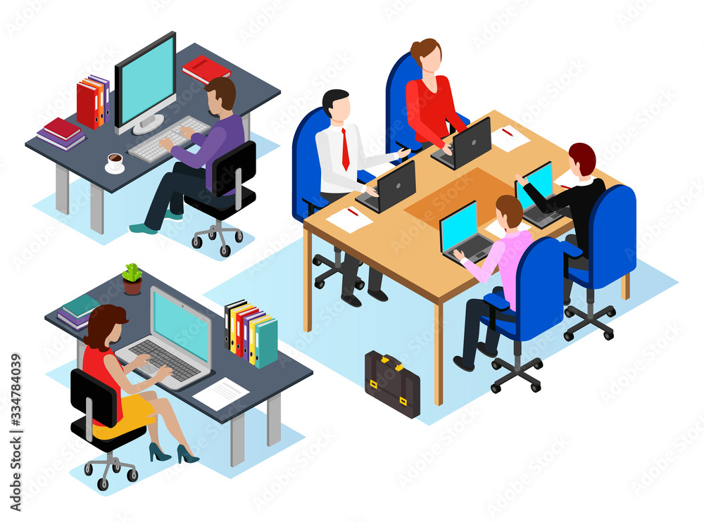 Office workers using laptops to analyze data and info at screens. People with computers at work. Employers at conference sharing thoughts on projects. Managers job, vector in isometric 3D style Office workers using laptops to analyze data and info at screens. People with computers at work. Employers at conference sharing thoughts on projects. Managers job, vector in isometric 3D style
