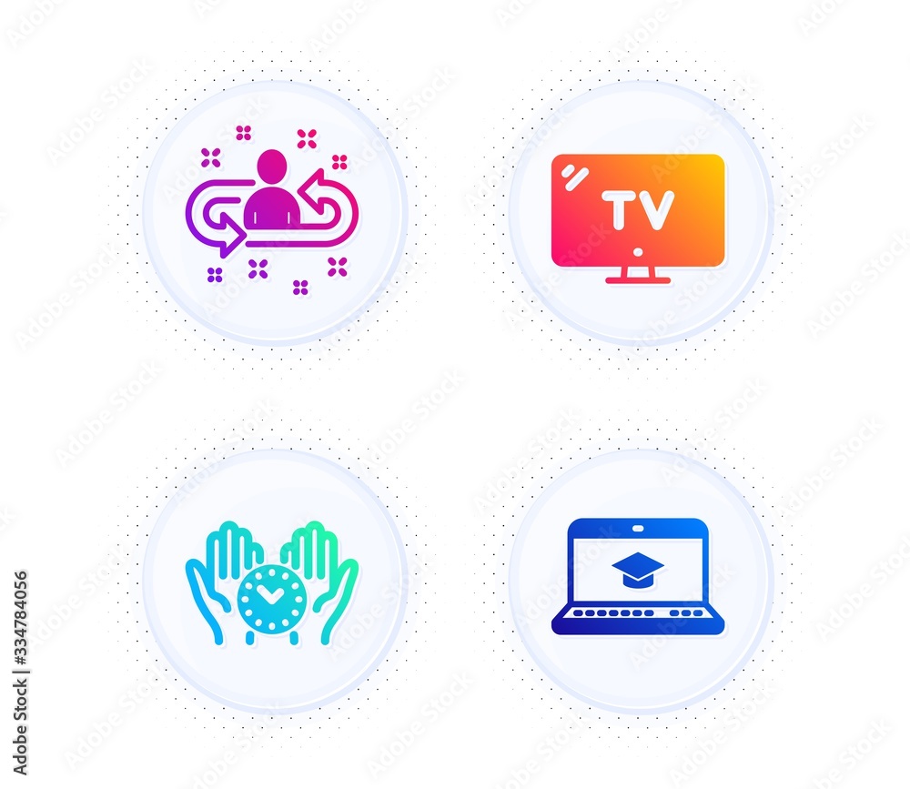 Tv, Recruitment and Safe time icons simple set. Button with halftone dots. Website education sign. Television, Manager change, Management. Video learning. Technology set. Gradient flat tv icon. Vector Tv, Recruitment and Safe time icons simple set. Button with halftone dots. Website education sign. Television, Manager change, Management. Video learning. Technology set. Gradient flat tv icon. Vector