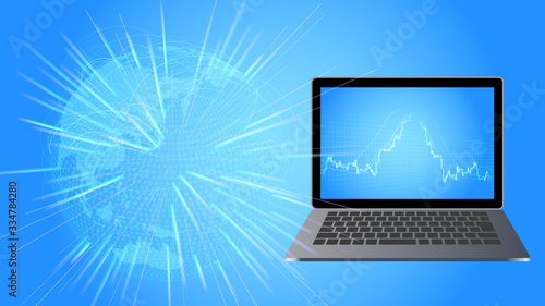 高騰急落する株価チャートとノートパソコン・世界地図青色背景イメージ