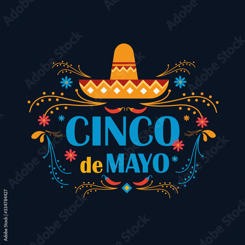 Cinco de Mayo on May 5th. Vector illustration with design for federal holiday in mexico. Pattern with traditional mexican symbols, flowers, red pepper, sombrero. © RomchikDL