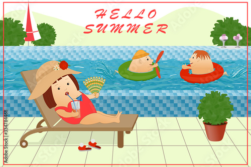 A girl in a red bathing suit lies on a deck chair with a cocktail. Cheerful children play in the pool. Family holiday. Hello summer.