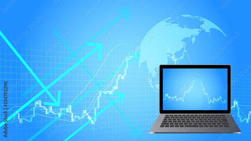 急落する株価チャートとノートパソコン世界地図青色背景イメージ
