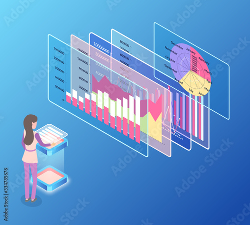 Woman dealing with information organization vector, person with info structural data on screens and monitors, digital structuring statistics and analytics